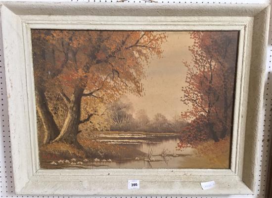 Oil on board - Lake scene signed(-)